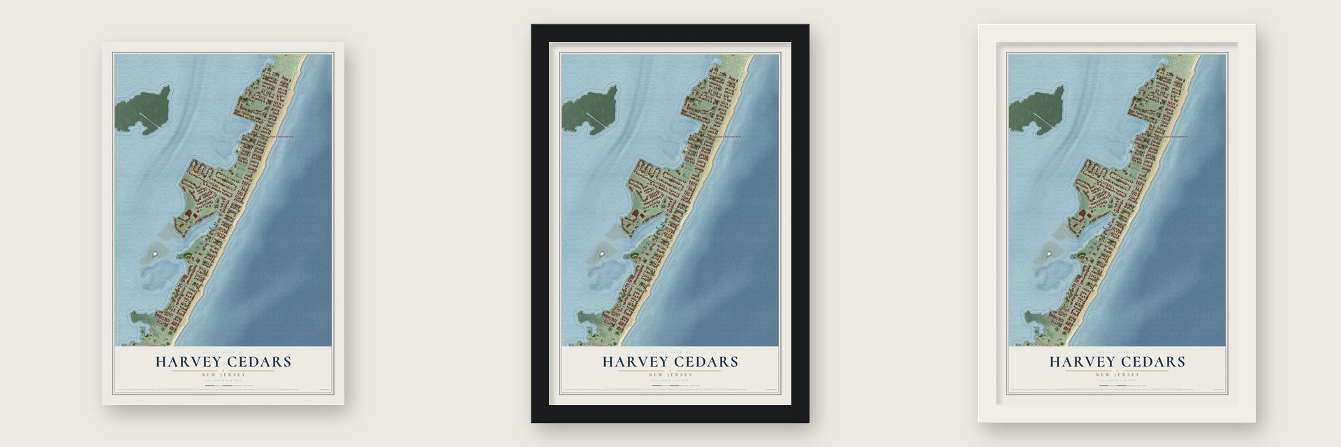 Harvey Cedars, New Jersey map unframed, in a black wood frame and in a white wood frame