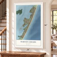 Harvey Cedars, New Jersey map, 24 x 36 inch print in a white frame by a staircase