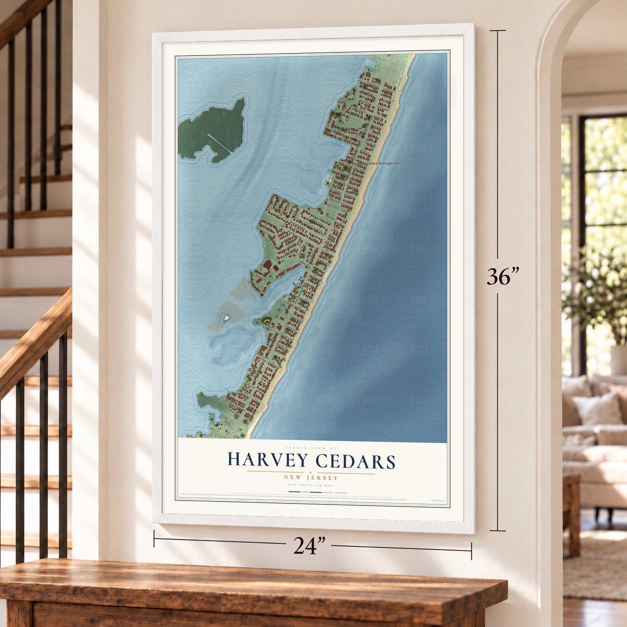 Harvey Cedars, New Jersey map, 24 x 36 inch print in a white frame by a staircase