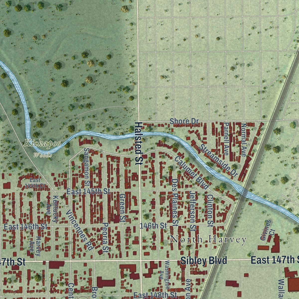 Second close-up of the map of Harvey, Illinois print showing more streets and buildings