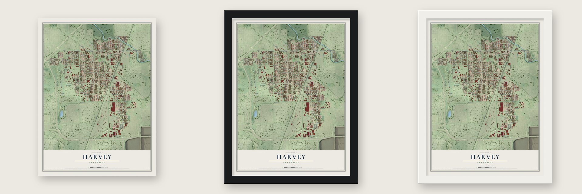 Harvey, Illinois map unframed, in a black wood frame and in a white wood frame