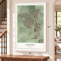 Harvey, Illinois map, 24 x 36 inch print in a white frame by a staircase