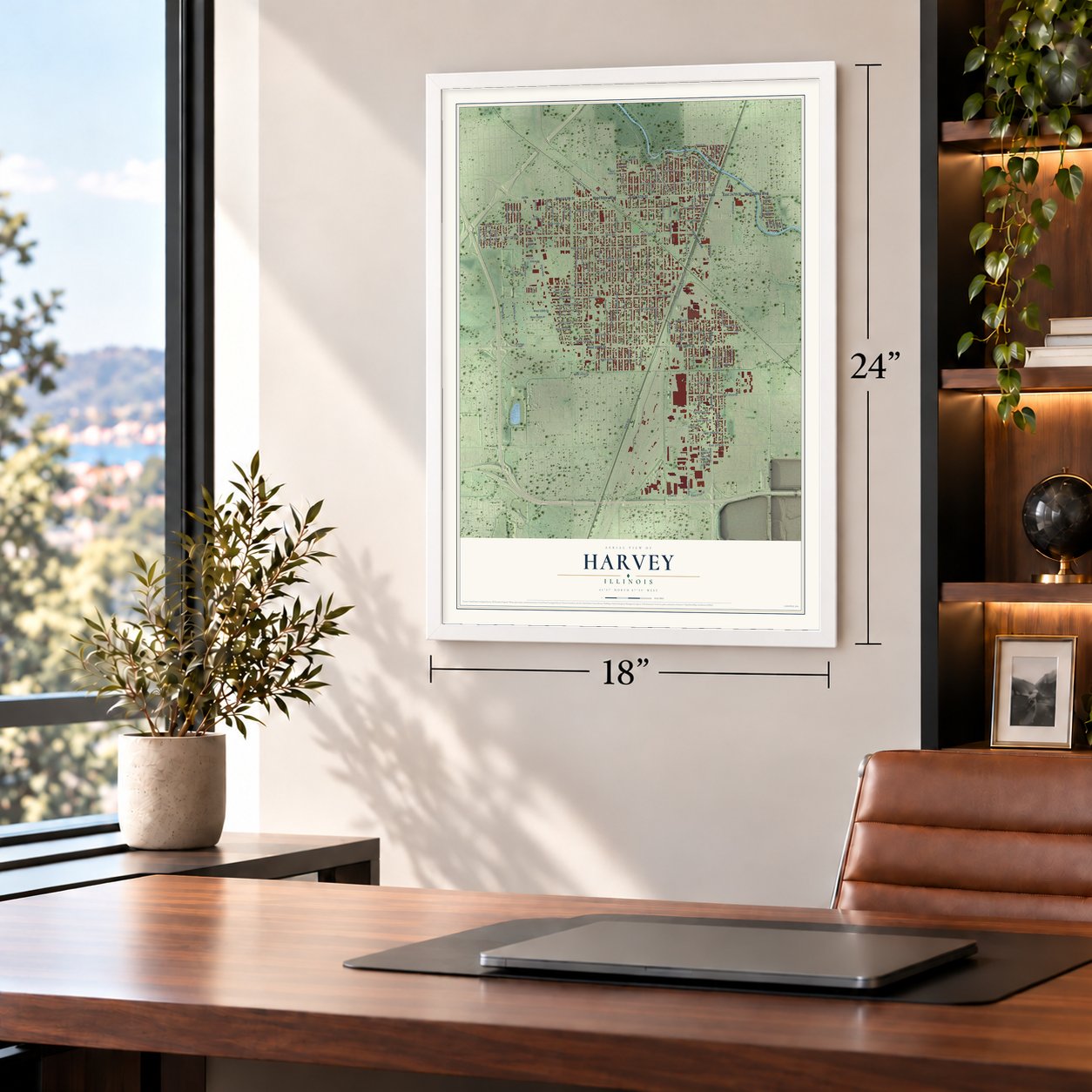 Harvey, Illinois map, 18 x 24 inch print in a white frame in a home office