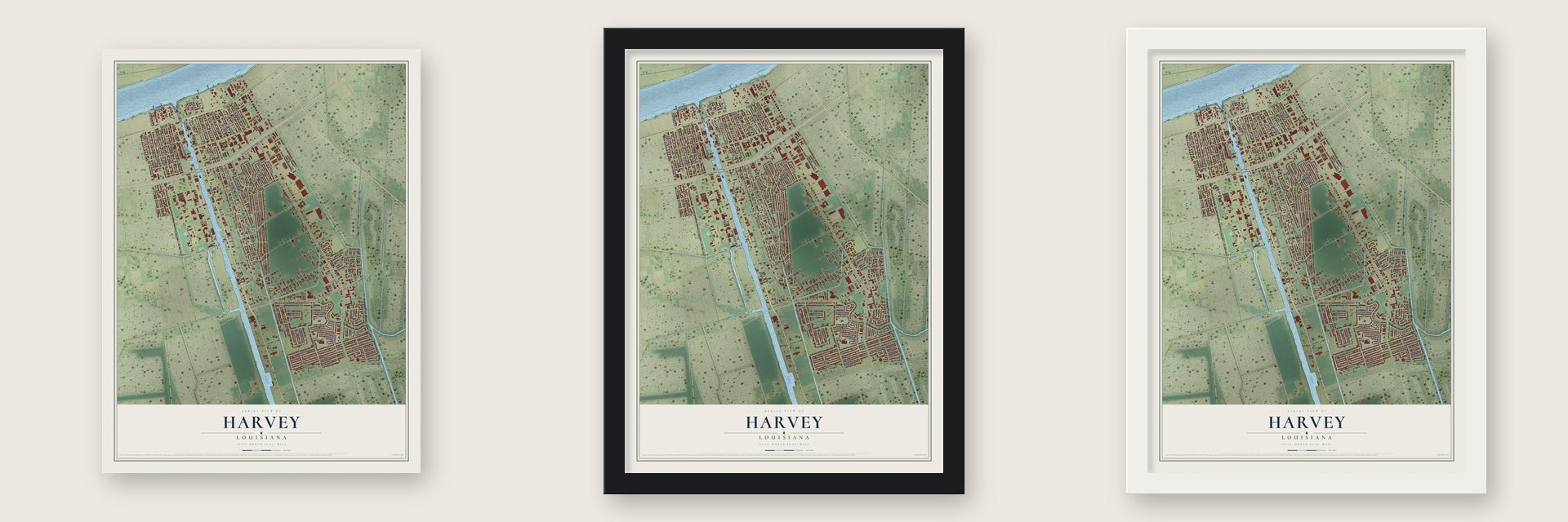 Harvey, Louisiana map unframed, in a black wood frame and in a white wood frame