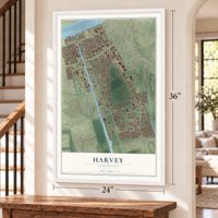 Harvey, Louisiana map, 24 x 36 inch print in a white frame by a staircase