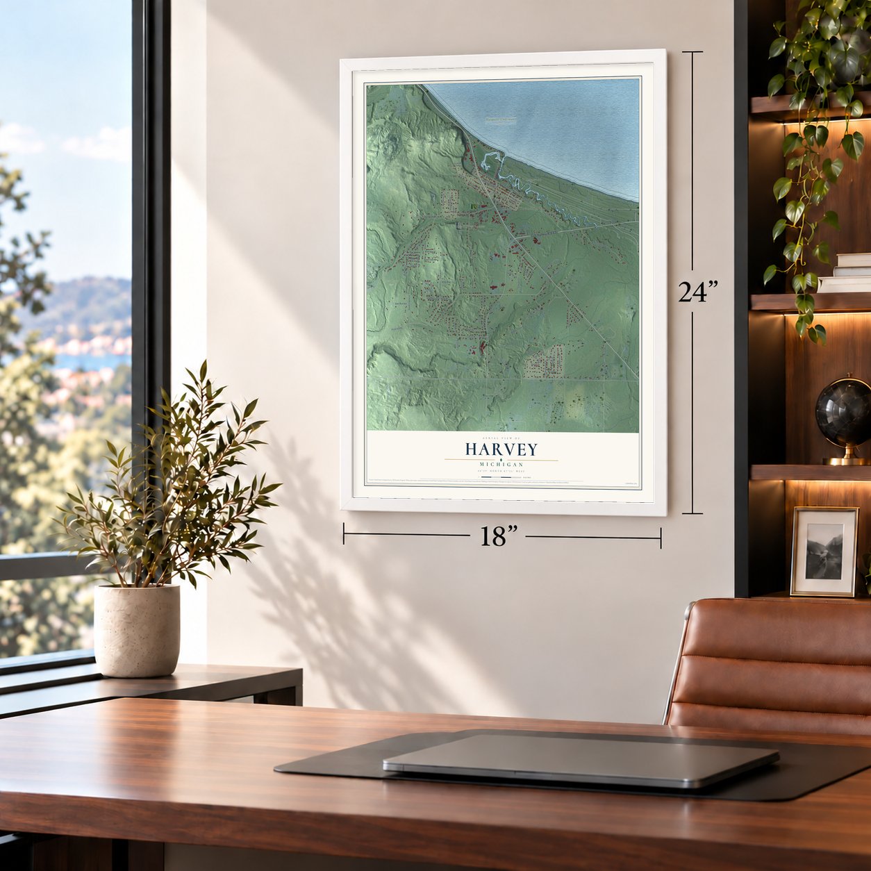 Harvey, Michigan map, 18 x 24 inch print in a white frame in a home office