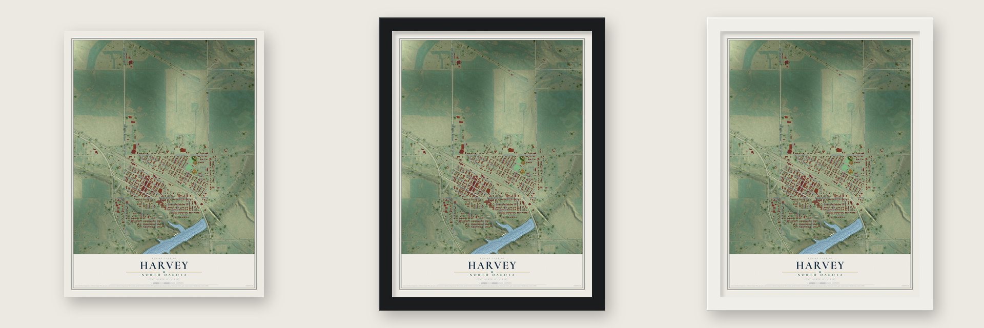 Harvey, North Dakota map unframed, in a black wood frame and in a white wood frame