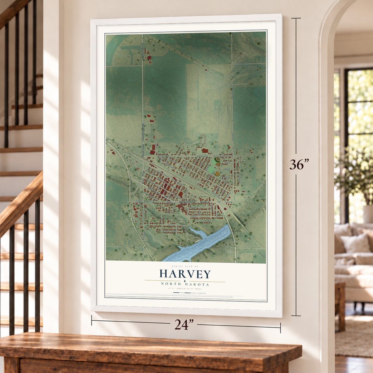 Harvey, North Dakota map, 24 x 36 inch print in a white frame by a staircase