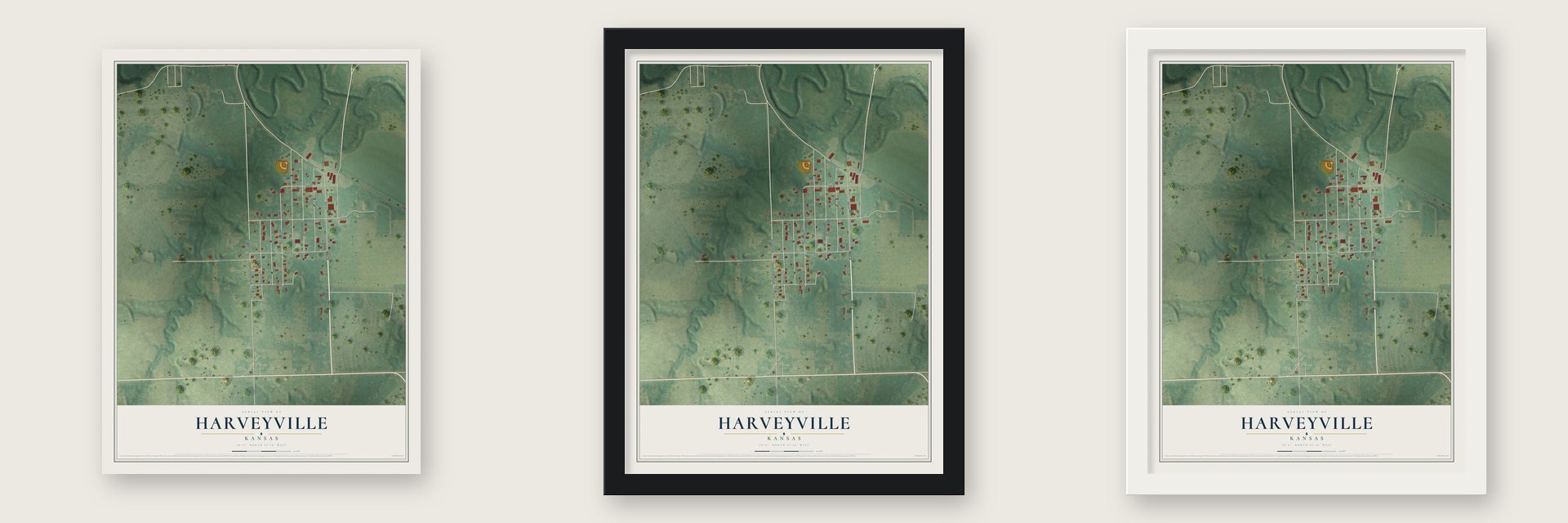 Harveyville, Kansas map unframed, in a black wood frame and in a white wood frame