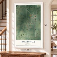Harveyville, Kansas map, 24 x 36 inch print in a white frame by a staircase