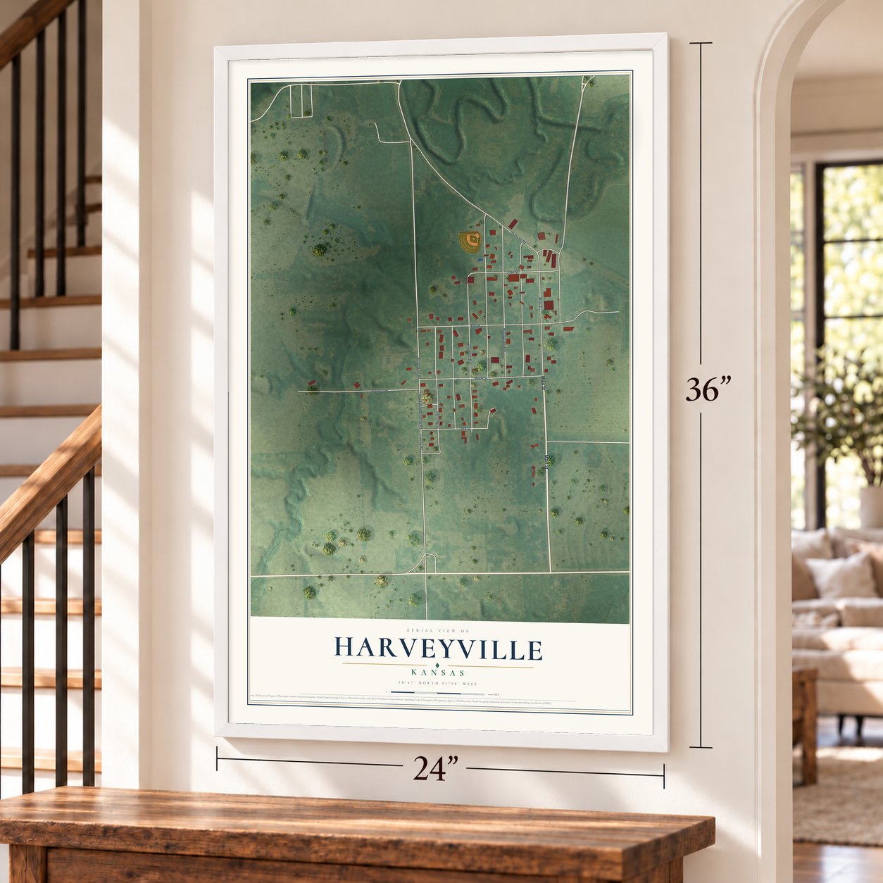Harveyville, Kansas map, 24 x 36 inch print in a white frame by a staircase