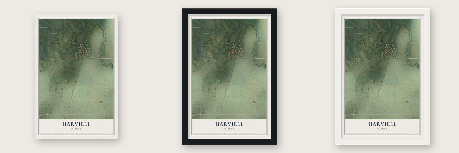 Harviell, Missouri map unframed, in a black wood frame and in a white wood frame