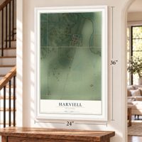 Harviell, Missouri map, 24 x 36 inch print in a white frame by a staircase