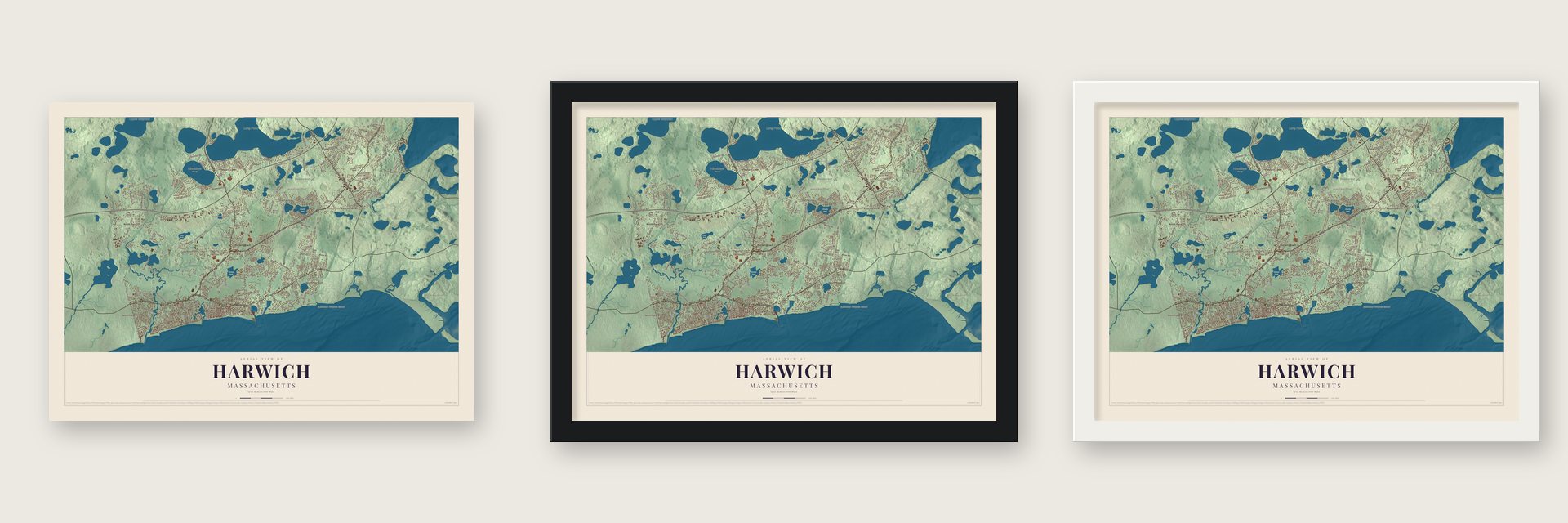 Harwich, Massachusetts map unframed, in a black wood frame and in a white wood frame