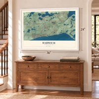Harwich, Massachusetts map, 24 x 36 inch print in a white frame above a dresser by a staircase