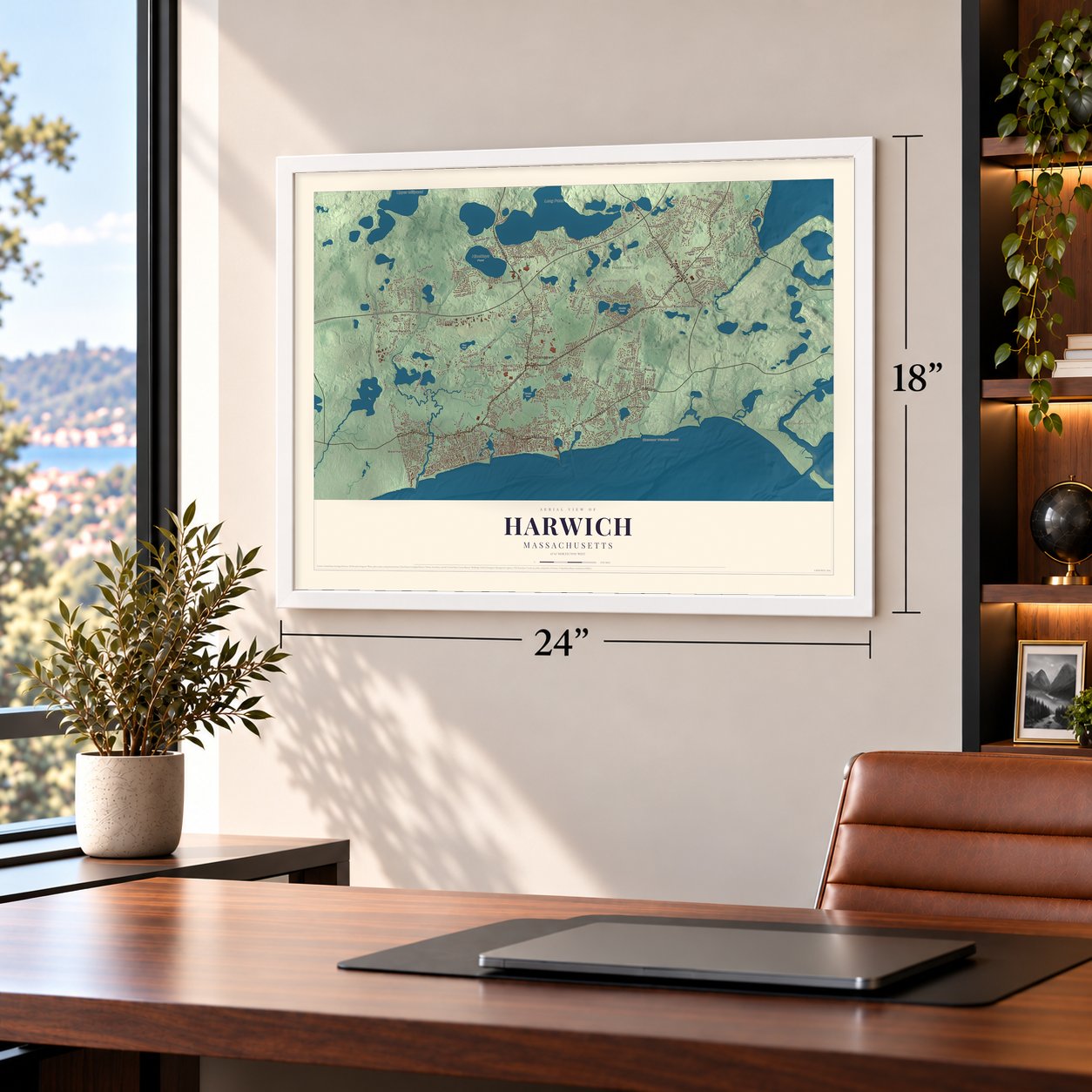 Harwich, Massachusetts map, 18 x 24 inch print in a white frame in a home office