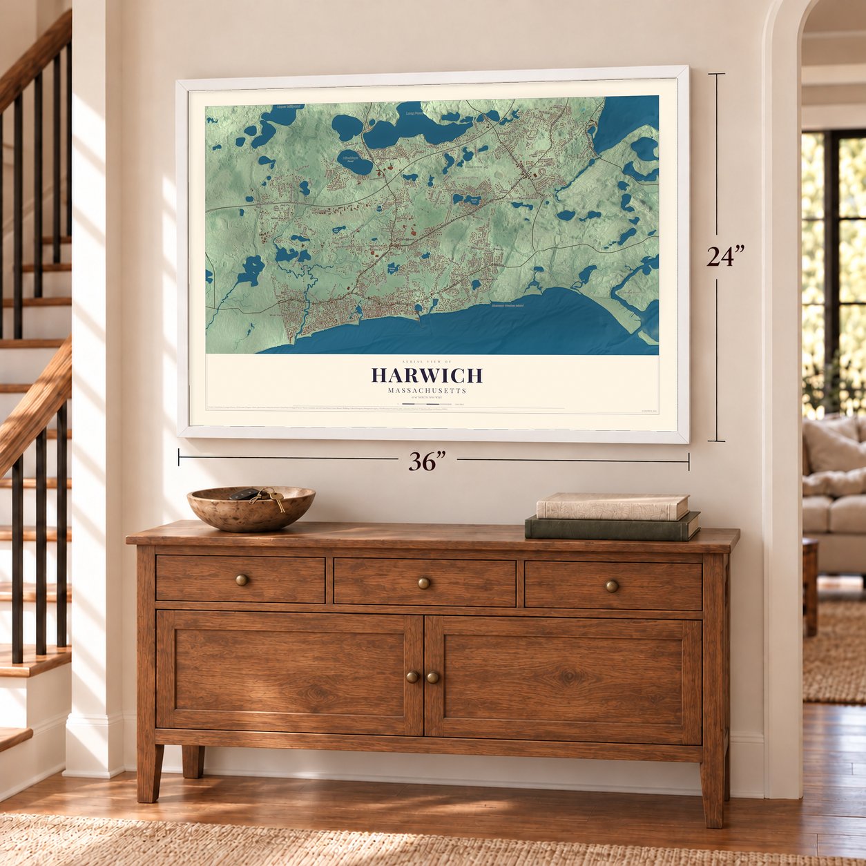 Harwich, Massachusetts map, 24 x 36 inch print in a white frame above a dresser by a staircase