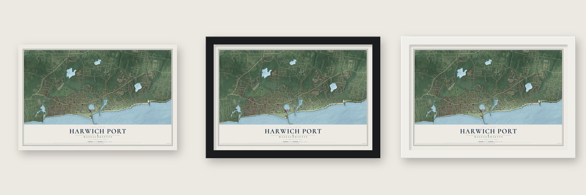 Harwich Port, Massachusetts map unframed, in a black wood frame and in a white wood frame