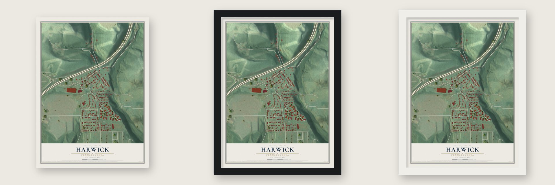 Harwick, Pennsylvania map unframed, in a black wood frame and in a white wood frame