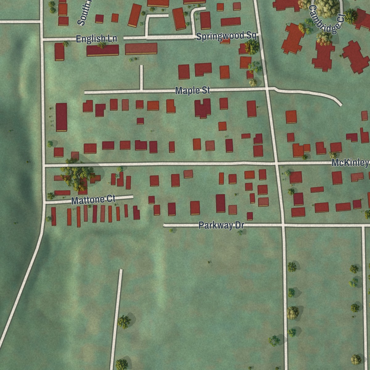 Second close-up of the map of Harwick, Pennsylvania print showing more streets and buildings