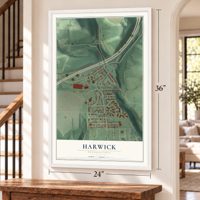 Harwick, Pennsylvania map, 24 x 36 inch print in a white frame by a staircase