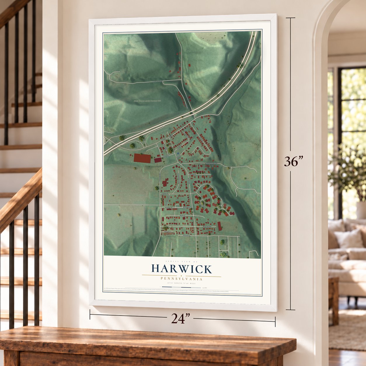 Harwick, Pennsylvania map, 24 x 36 inch print in a white frame by a staircase
