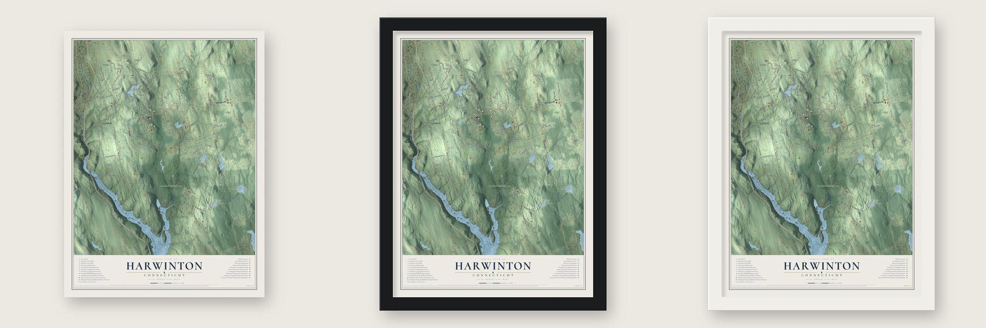 Harwinton, Connecticut map unframed, in a black wood frame and in a white wood frame