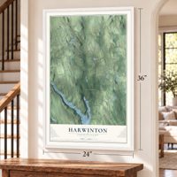 Harwinton, Connecticut map, 24 x 36 inch print in a white frame by a staircase