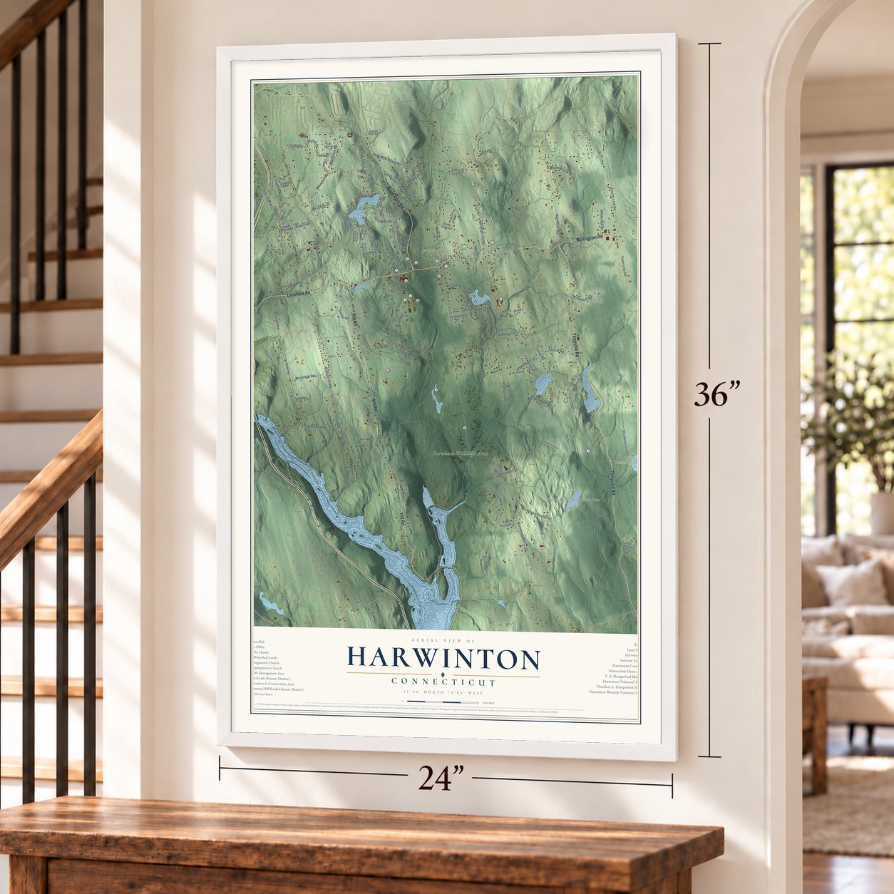 Harwinton, Connecticut map, 24 x 36 inch print in a white frame by a staircase