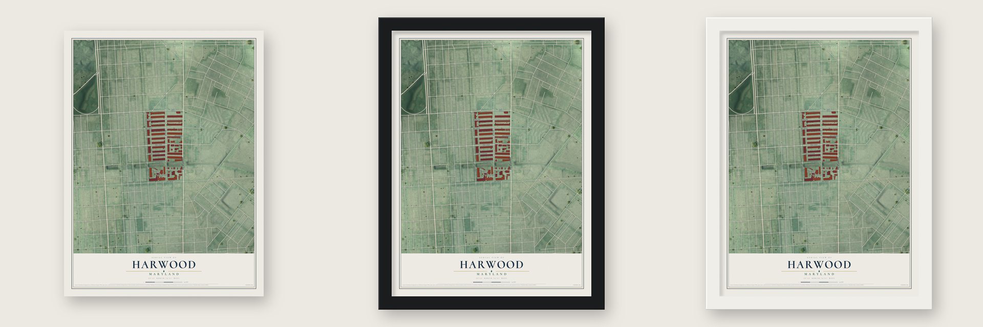 Harwood, Maryland map unframed, in a black wood frame and in a white wood frame