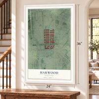 Harwood, Maryland map, 24 x 36 inch print in a white frame by a staircase