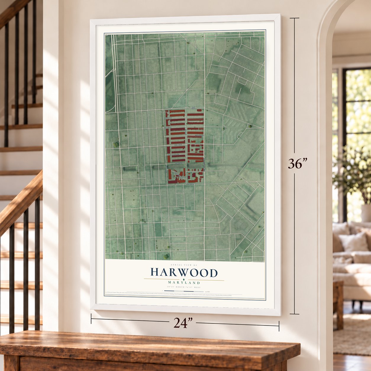 Harwood, Maryland map, 24 x 36 inch print in a white frame by a staircase