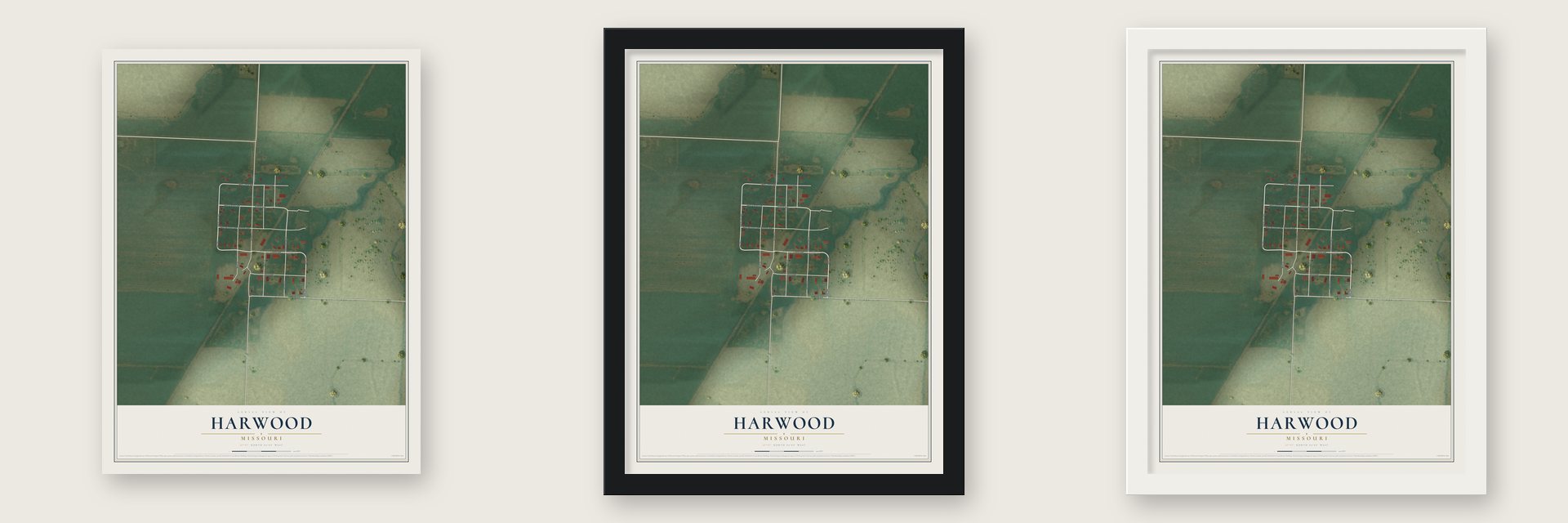 Harwood, Missouri map unframed, in a black wood frame and in a white wood frame