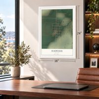 Harwood, Missouri map, 18 x 24 inch print in a white frame in a home office