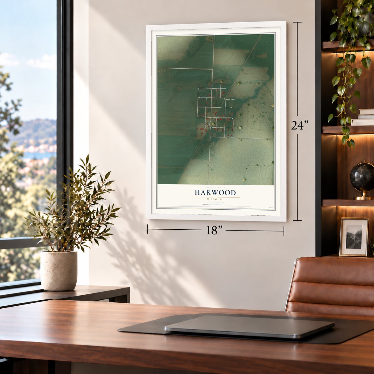 Harwood, Missouri map, 18 x 24 inch print in a white frame in a home office