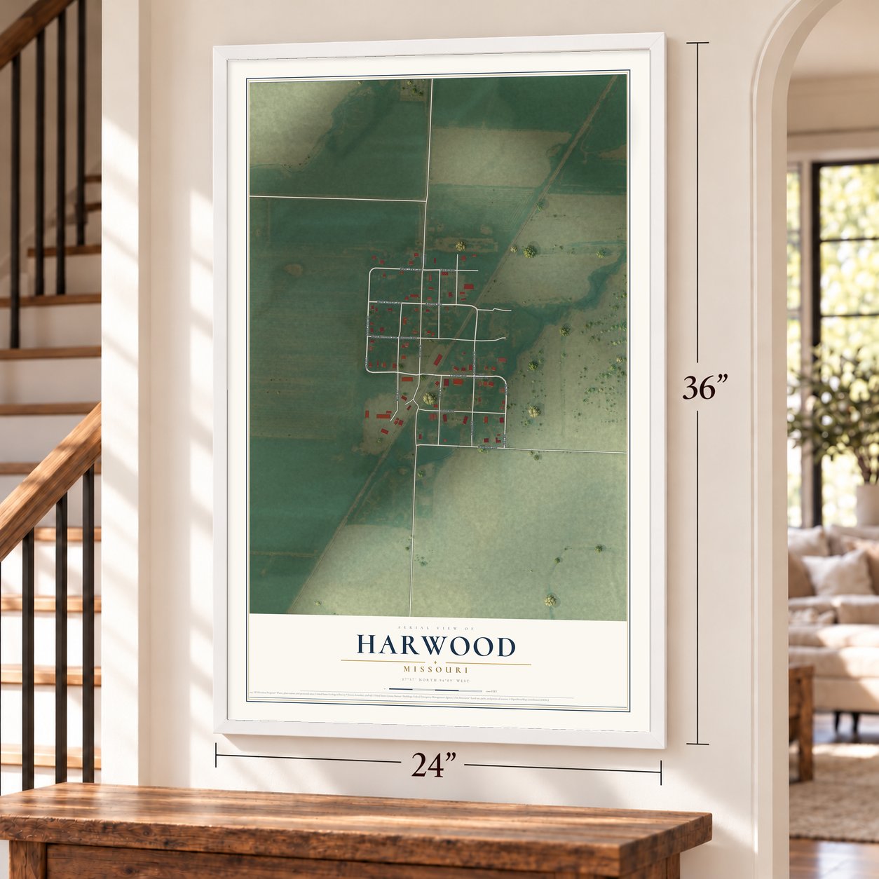 Harwood, Missouri map, 24 x 36 inch print in a white frame by a staircase