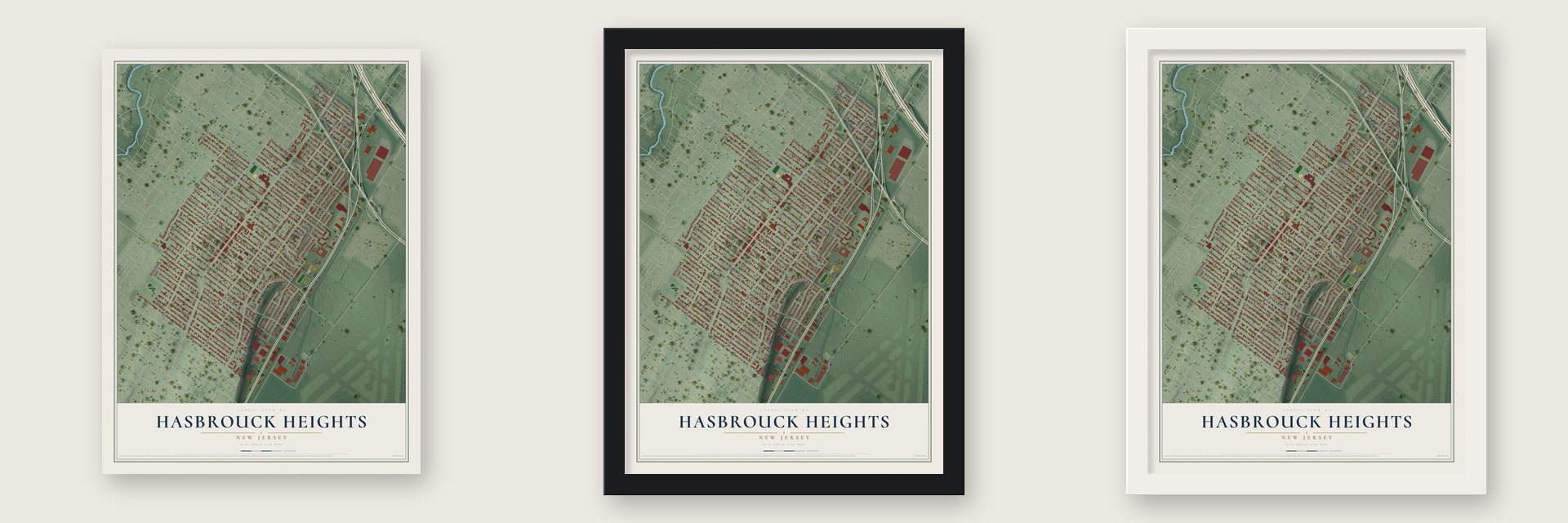 Hasbrouck Heights, New Jersey map unframed, in a black wood frame and in a white wood frame