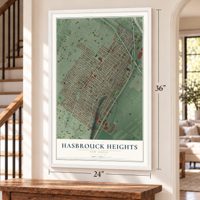 Hasbrouck Heights, New Jersey map, 24 x 36 inch print in a white frame by a staircase