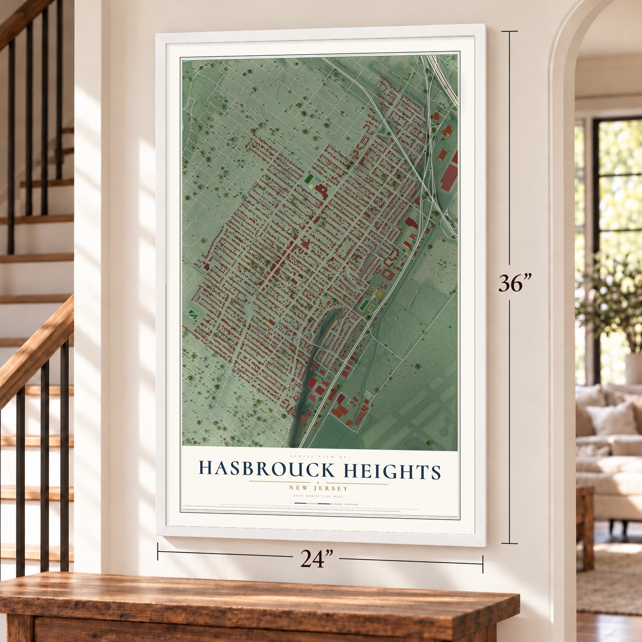 Hasbrouck Heights, New Jersey map, 24 x 36 inch print in a white frame by a staircase
