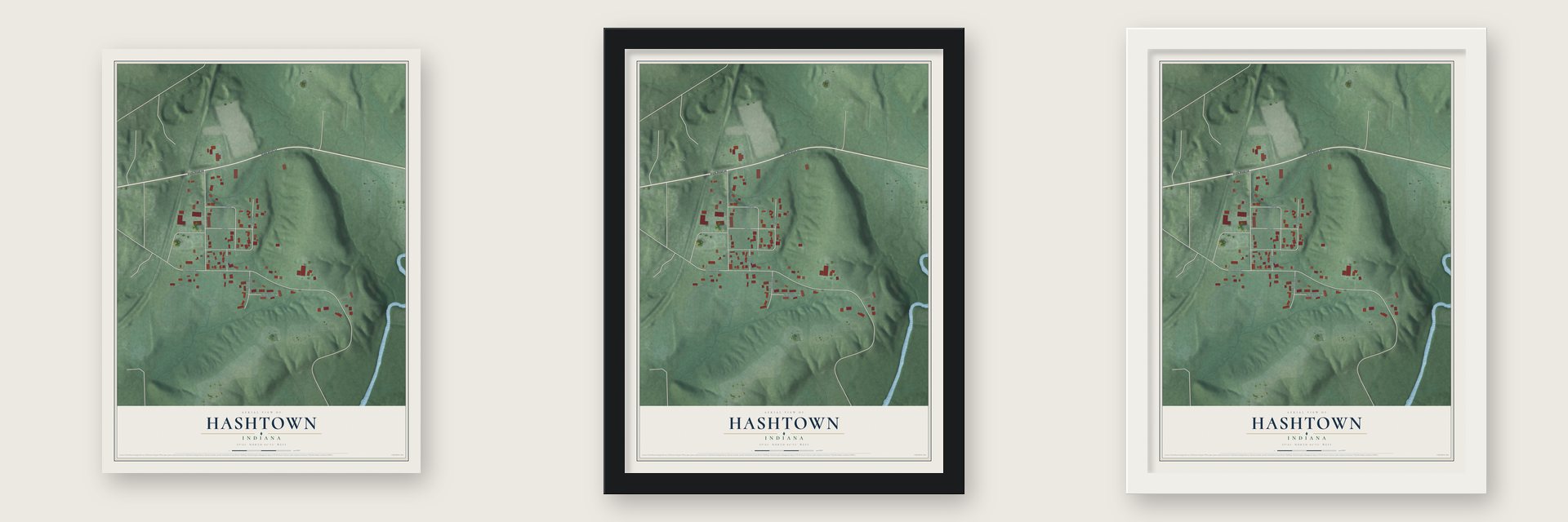 Hashtown, Indiana map unframed, in a black wood frame and in a white wood frame
