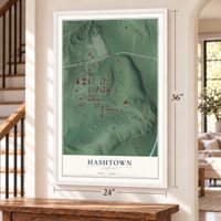 Hashtown, Indiana map, 24 x 36 inch print in a white frame by a staircase