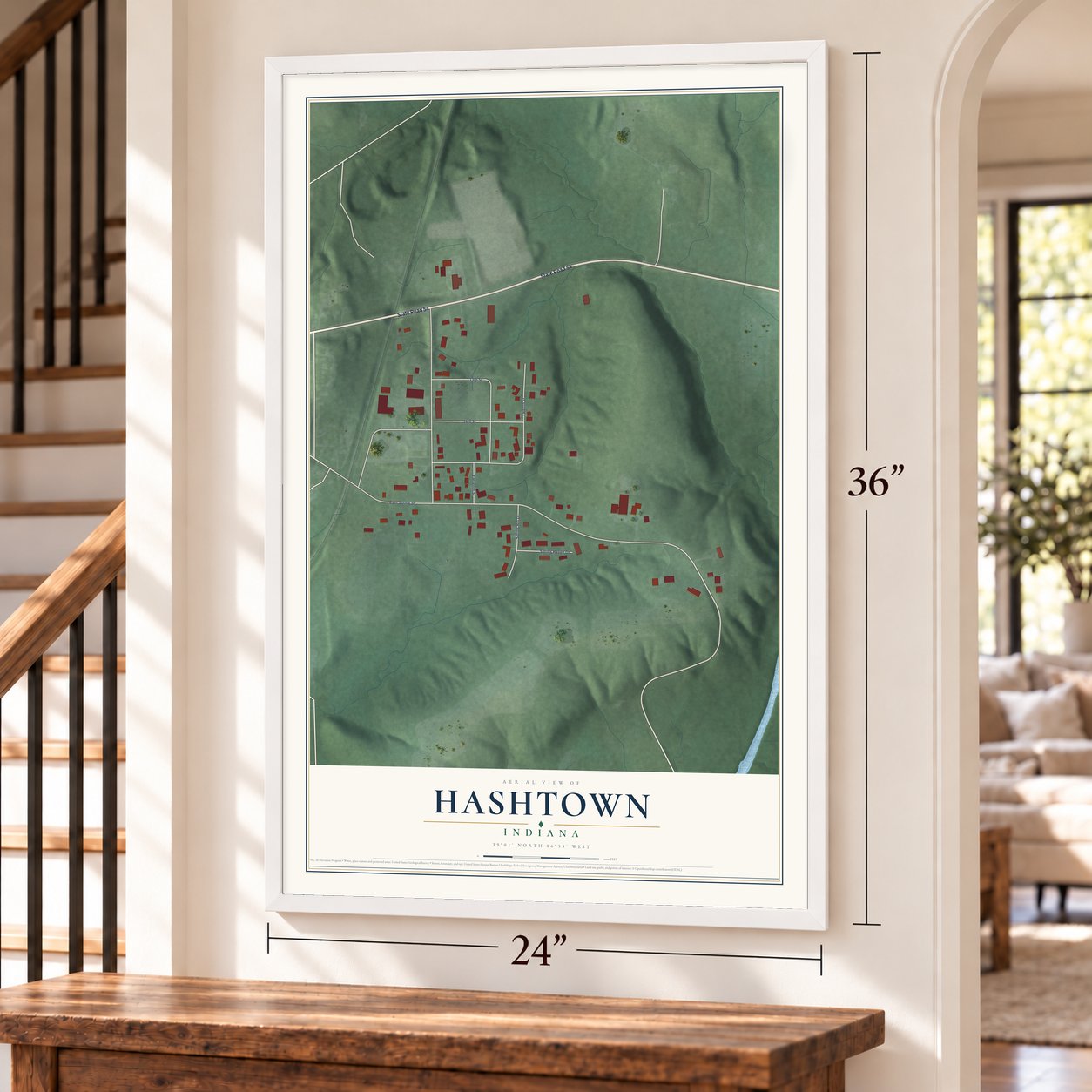 Hashtown, Indiana map, 24 x 36 inch print in a white frame by a staircase