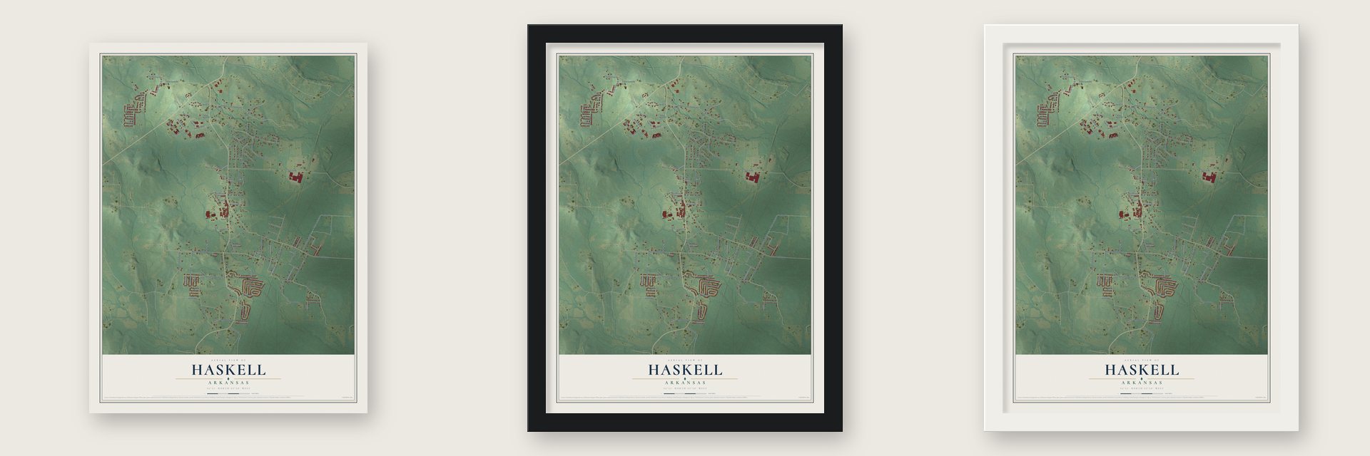 Haskell, Arkansas map unframed, in a black wood frame and in a white wood frame