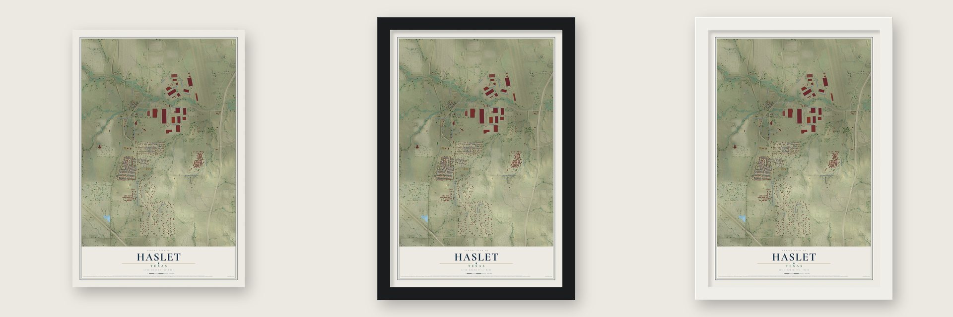 Haslet, Texas map unframed, in a black wood frame and in a white wood frame