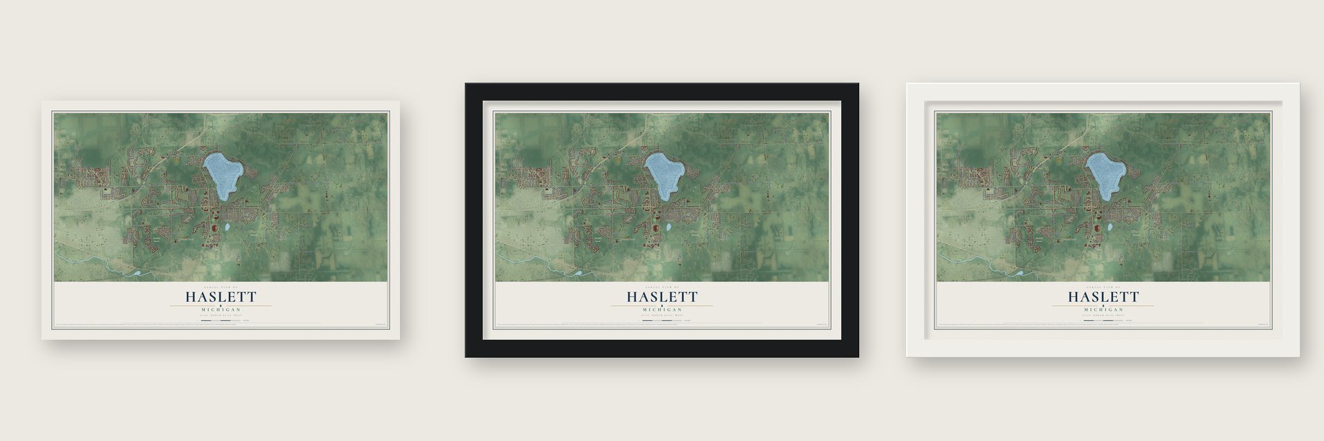 Haslett, Michigan map unframed, in a black wood frame and in a white wood frame