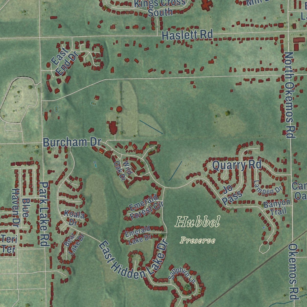 Second close-up of the map of Haslett, Michigan print showing more streets and buildings