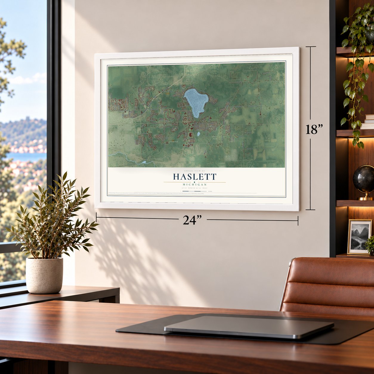 Haslett, Michigan map, 18 x 24 inch print in a white frame in a home office