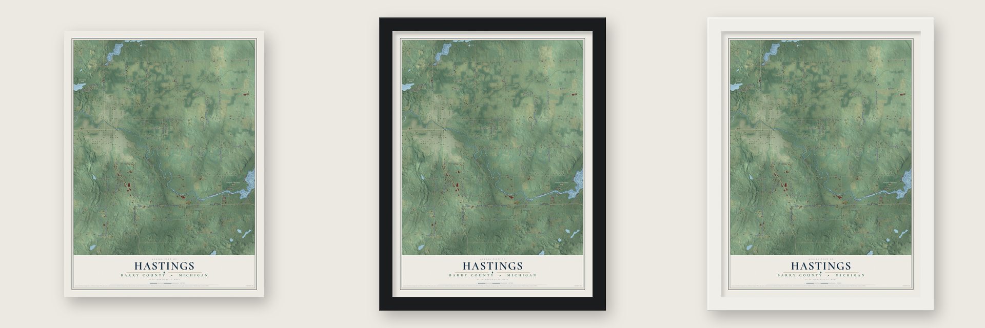 Hastings, Barry County, Michigan map unframed, in a black wood frame and in a white wood frame