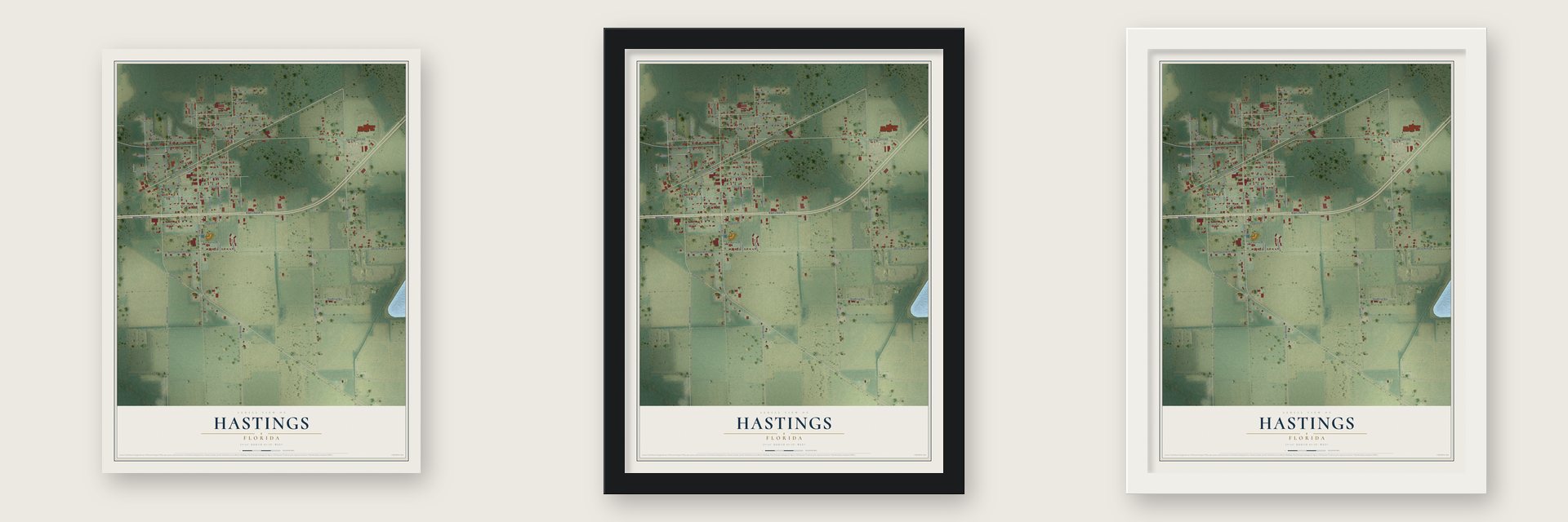Hastings, Florida map unframed, in a black wood frame and in a white wood frame