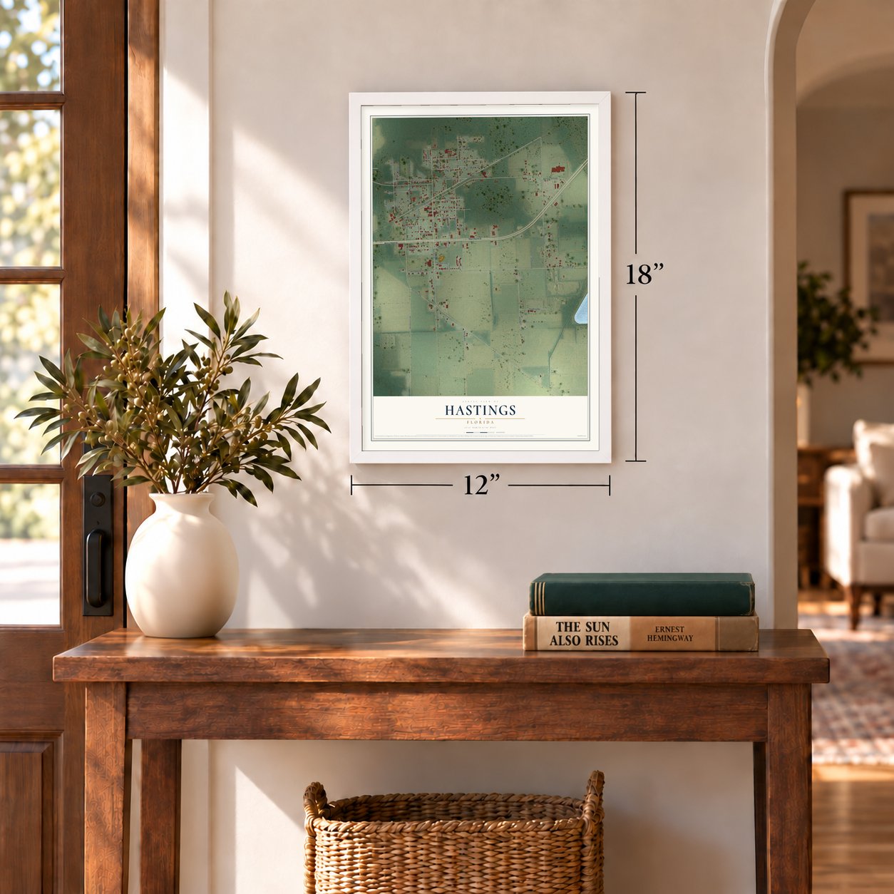 Hastings, Florida map, 12 x 18 inch print in a white frame in an entryway
